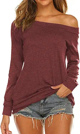 Halife Women's Long Sleeve Boat Neck Off Shoulder Blouse Tops
