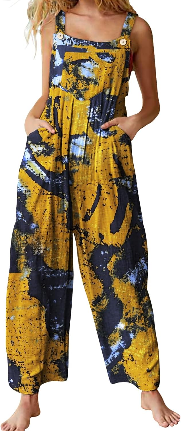 YESNO Boho Floral Jumpsuits for Women with Pockets and Straps