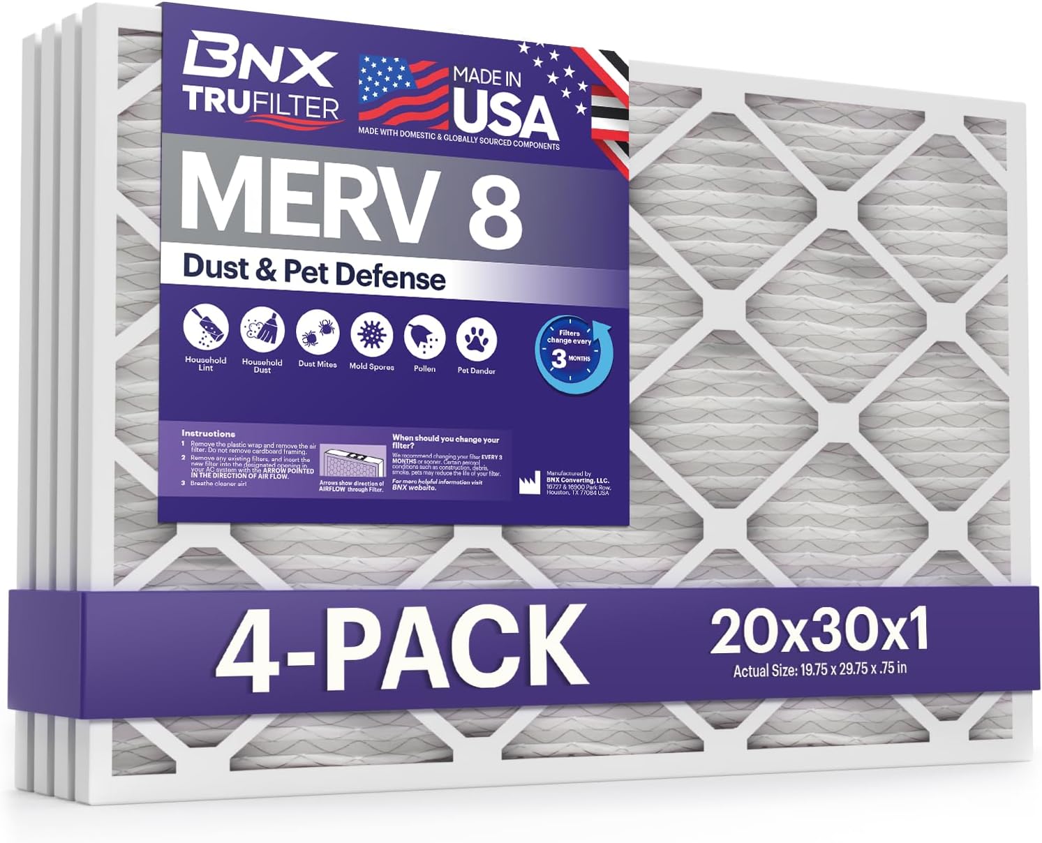 BNX TruFilter 20x30x1 Air Filter MERV 8 for Dust & Pet Defense