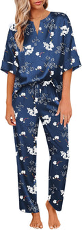 Women's Satin Pajama Set V Neck Short Sleeve with Long Pants