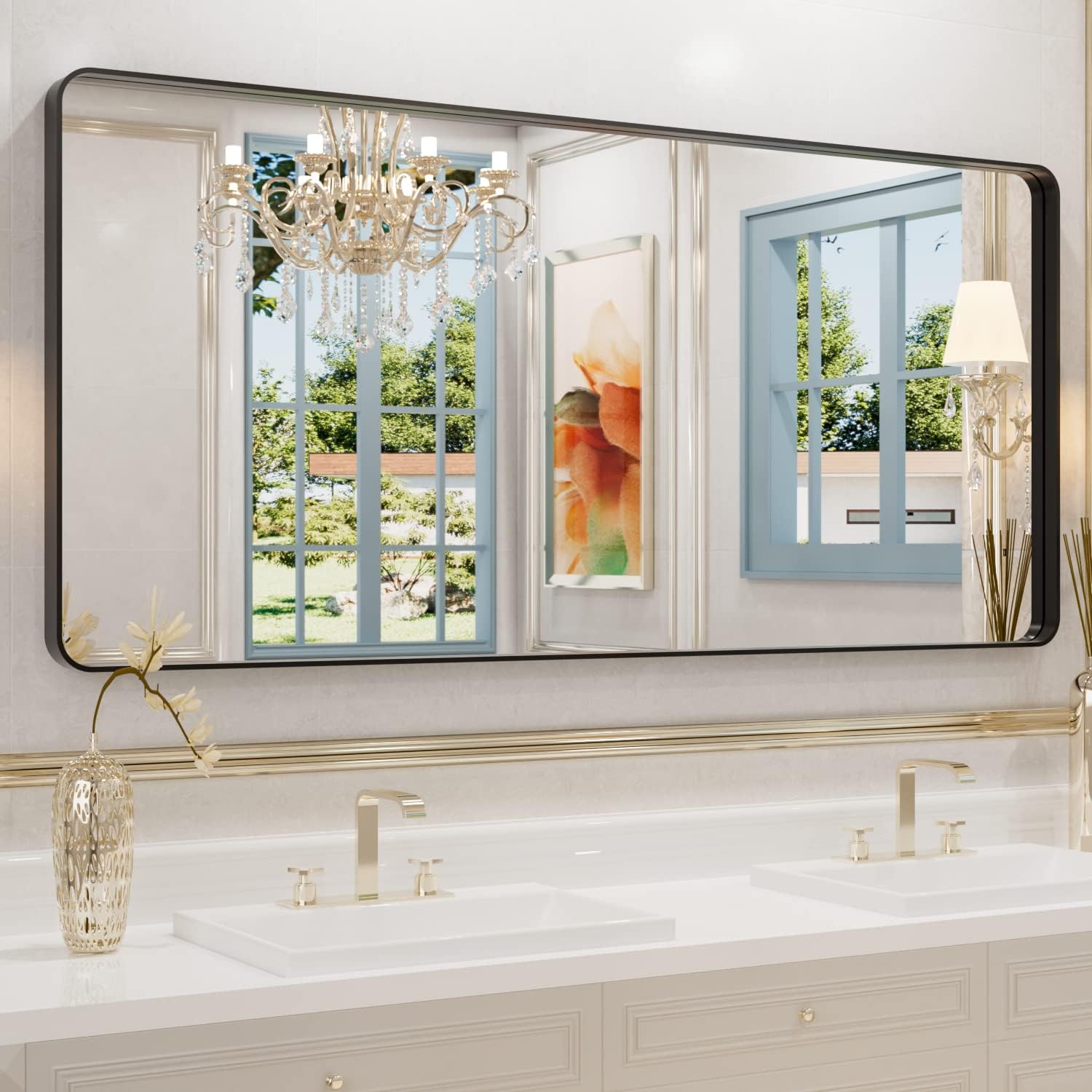 WEER Black Metal Framed Mirror - 60X28 Inch Bathroom Vanity