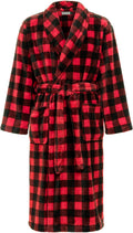 Mens Plush Bath Robe - Red Black Buffalo Check, Thick Fleece