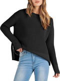 Waffle Knit Cropped Crewneck Sweater - Side Zipper & Thumbholes