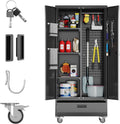 Broom Closet Storage Cabinet with Drawer and Hanging Rod - Rolling