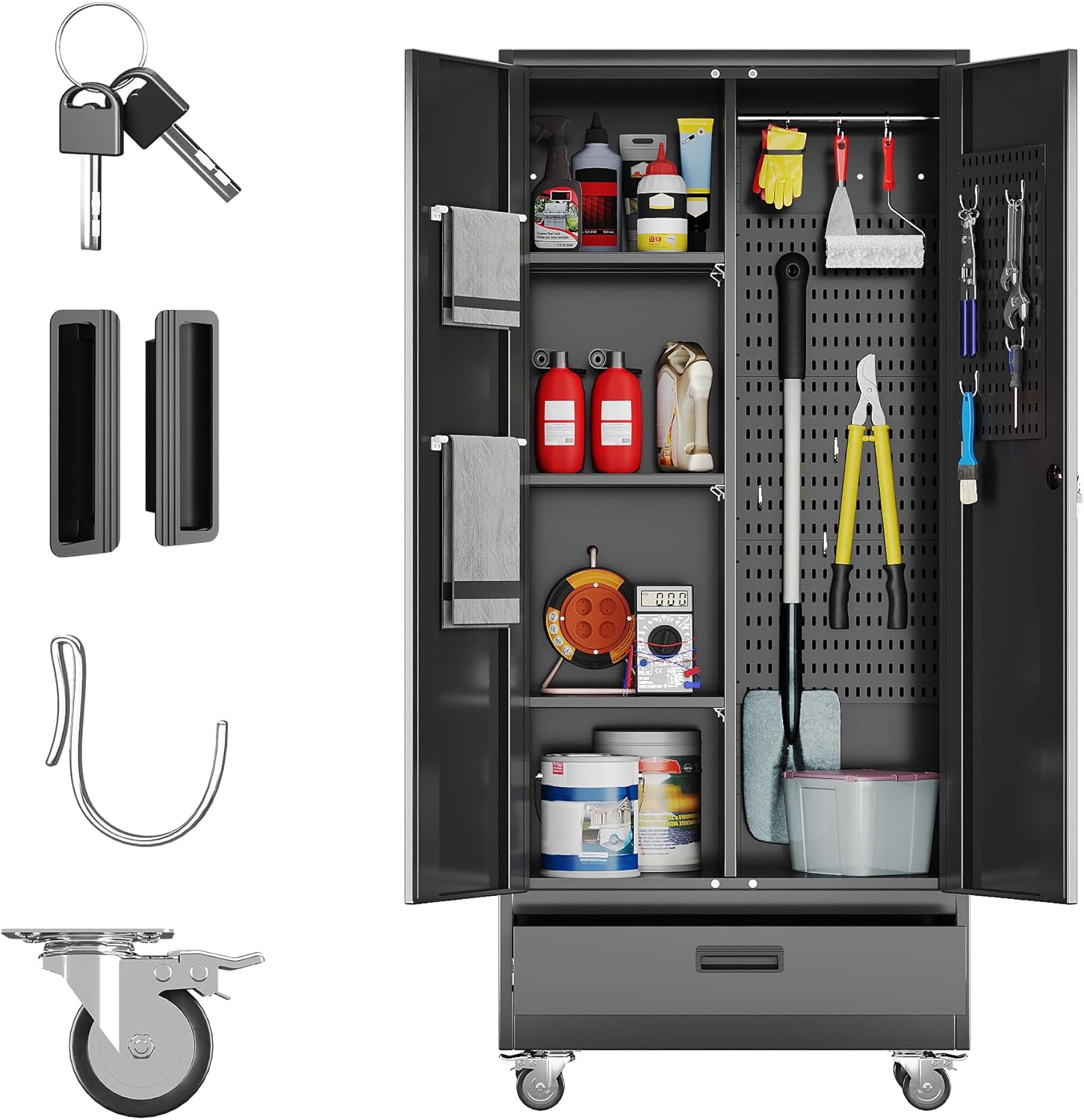 Broom Closet Storage Cabinet with Drawer and Hanging Rod for Garage