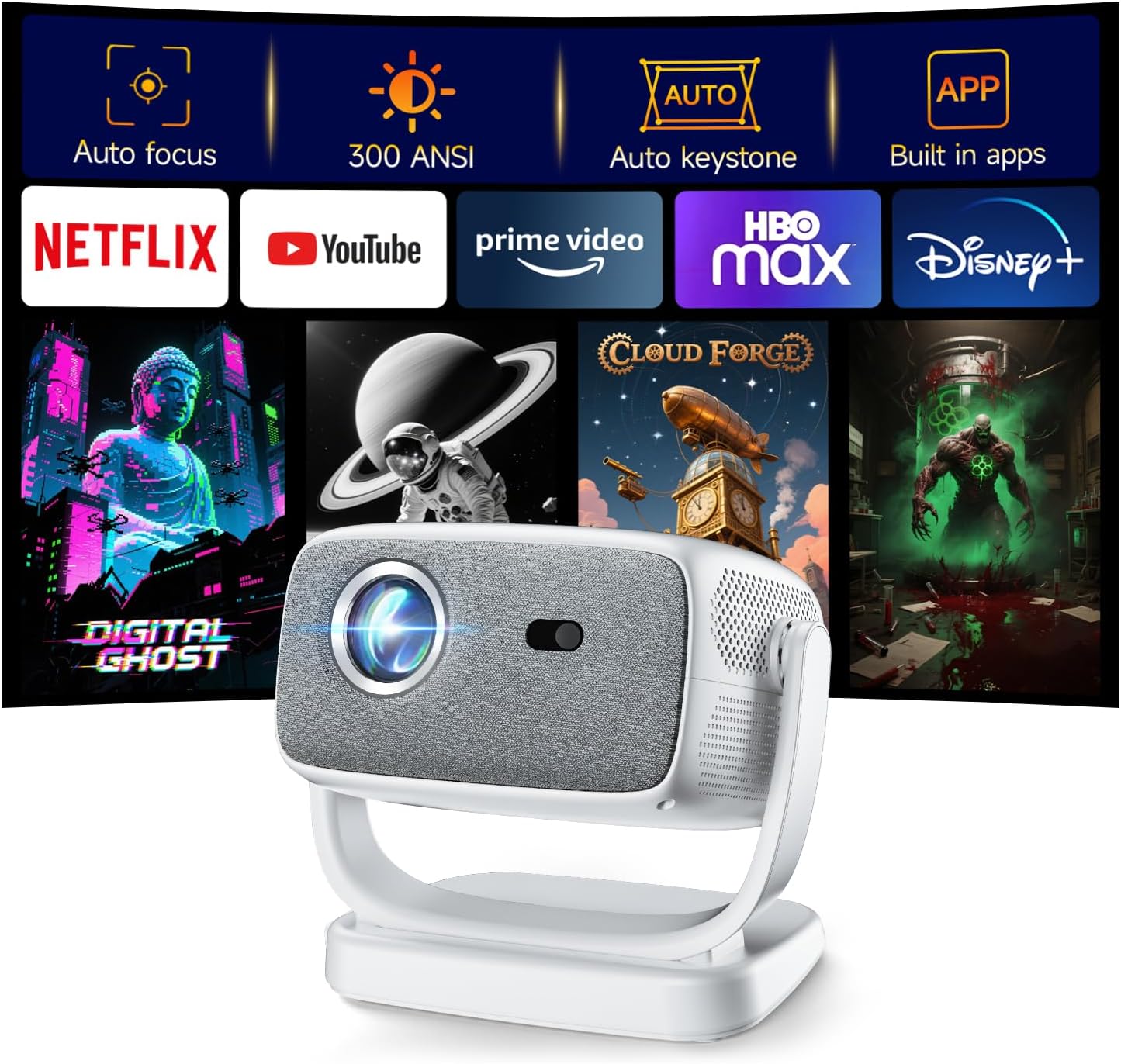 Portable 1080P Smart Mini Projector with Built-in Apps & Auto Focus
