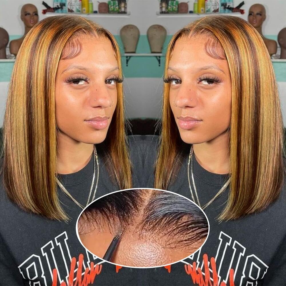 Bob Wig Human Hair Glueless 14inch Highlight Honey Blonde