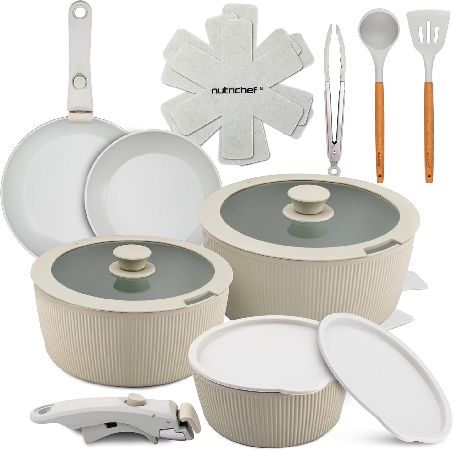 NutriChef 18-Piece Ceramic Cookware Set with Detachable Handles