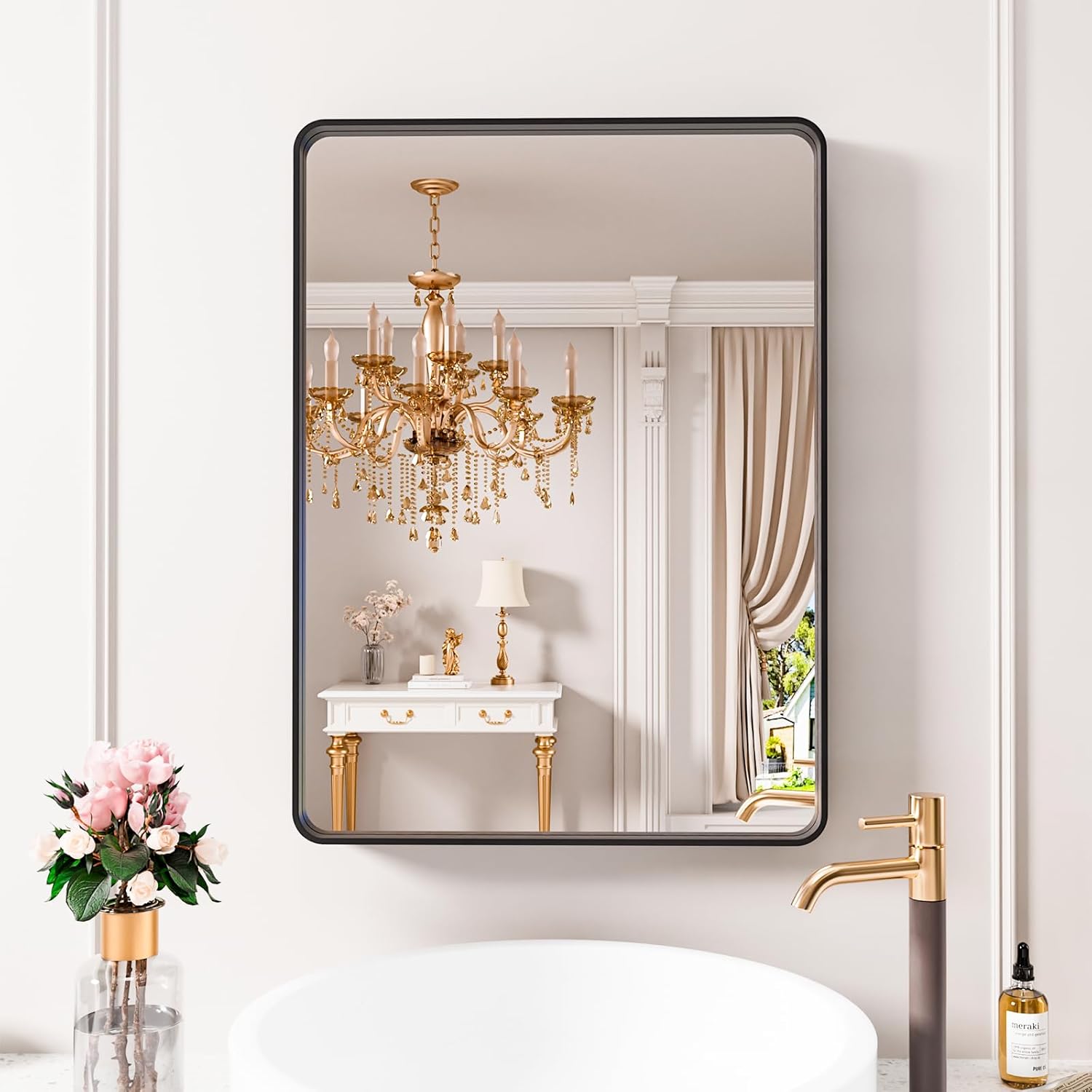Black Bathroom Mirror 22X30 Inch with Rounded Rectangle Design