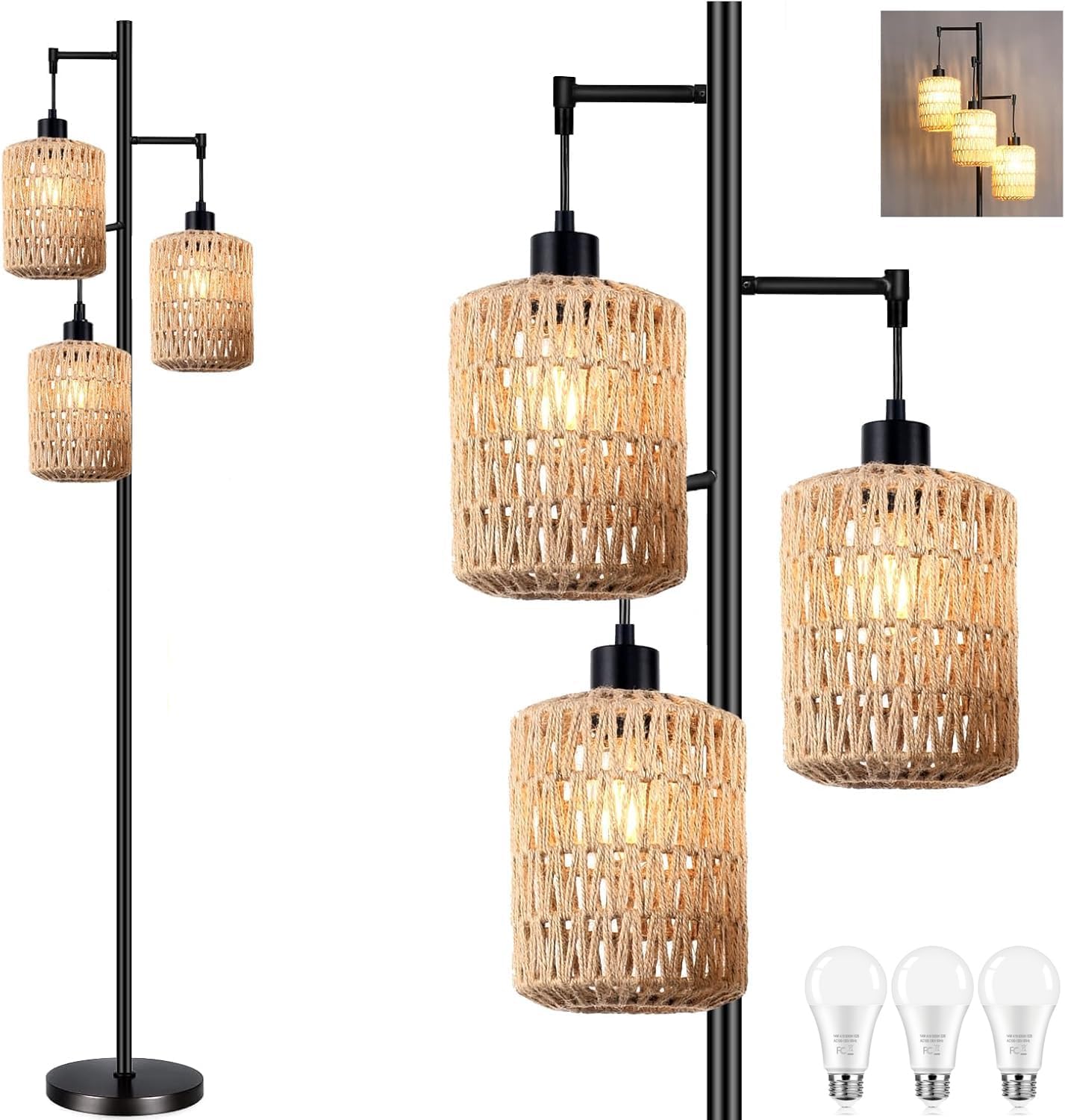 Boho Rattan Tree Floor Lamp for Living Room and Bedroom