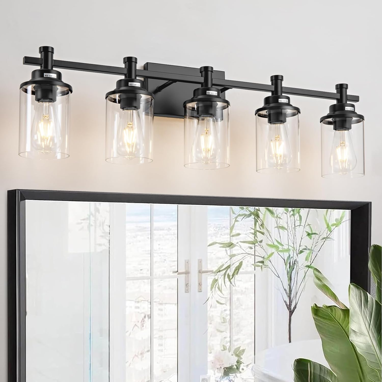 5-Light Black Bathroom Vanity Light with Clear Glass Shade