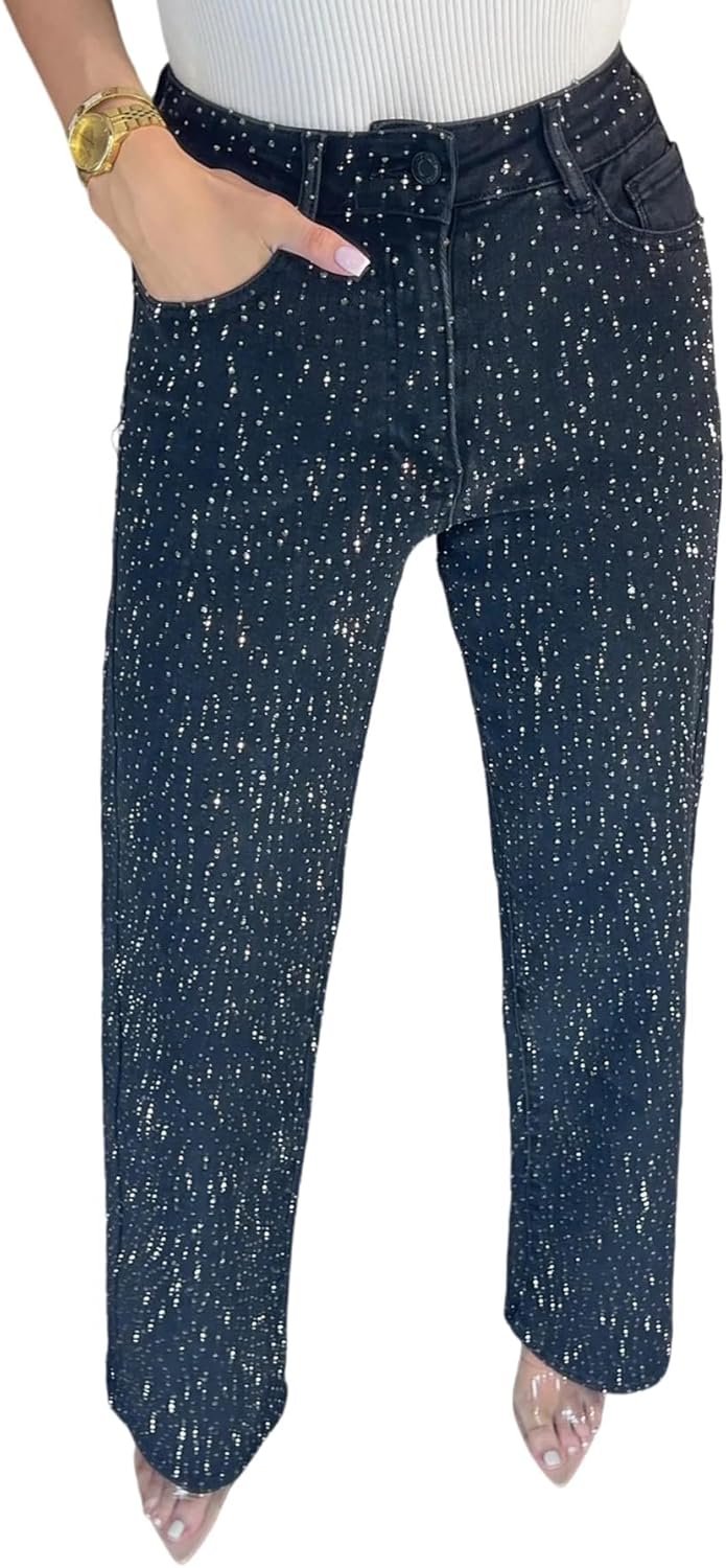 Unybwonn Straight Leg Jeans with Rhinestones and Pearls for Women