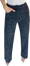 Straight Leg Rhinestone High Waisted Pearl Jeans - Sparkly Y2K Style