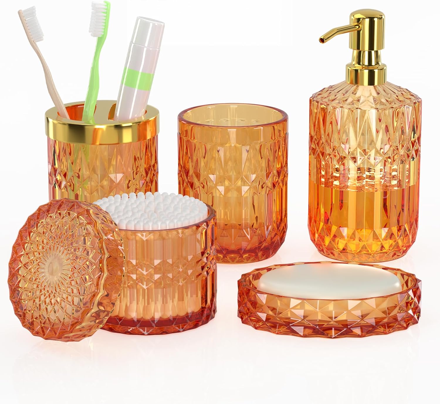 Orange Bathroom Accessories Set: 5 Pcs Clear Glass Essentials