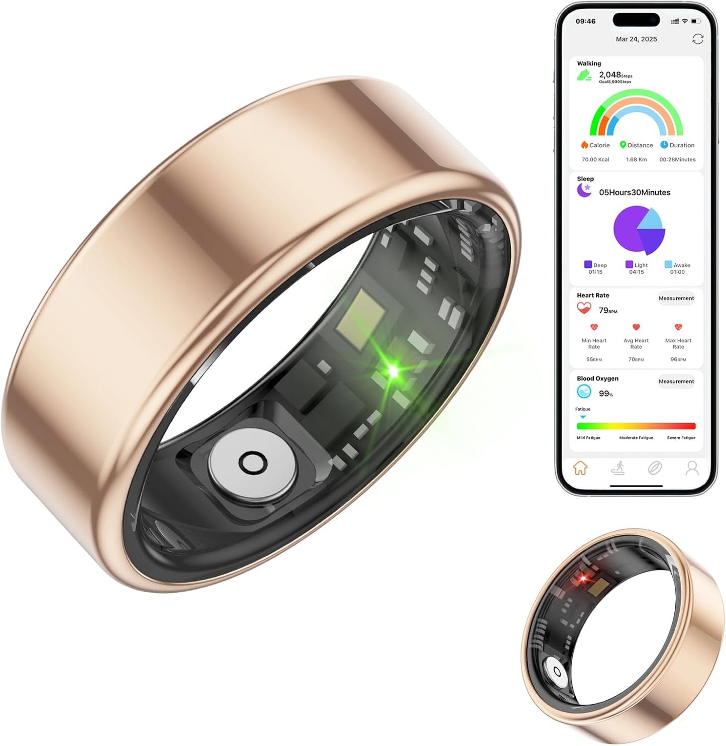 QKeeRing: Health Tracker Ring, Heart Rate, Sleep, Step, IP68, Gold