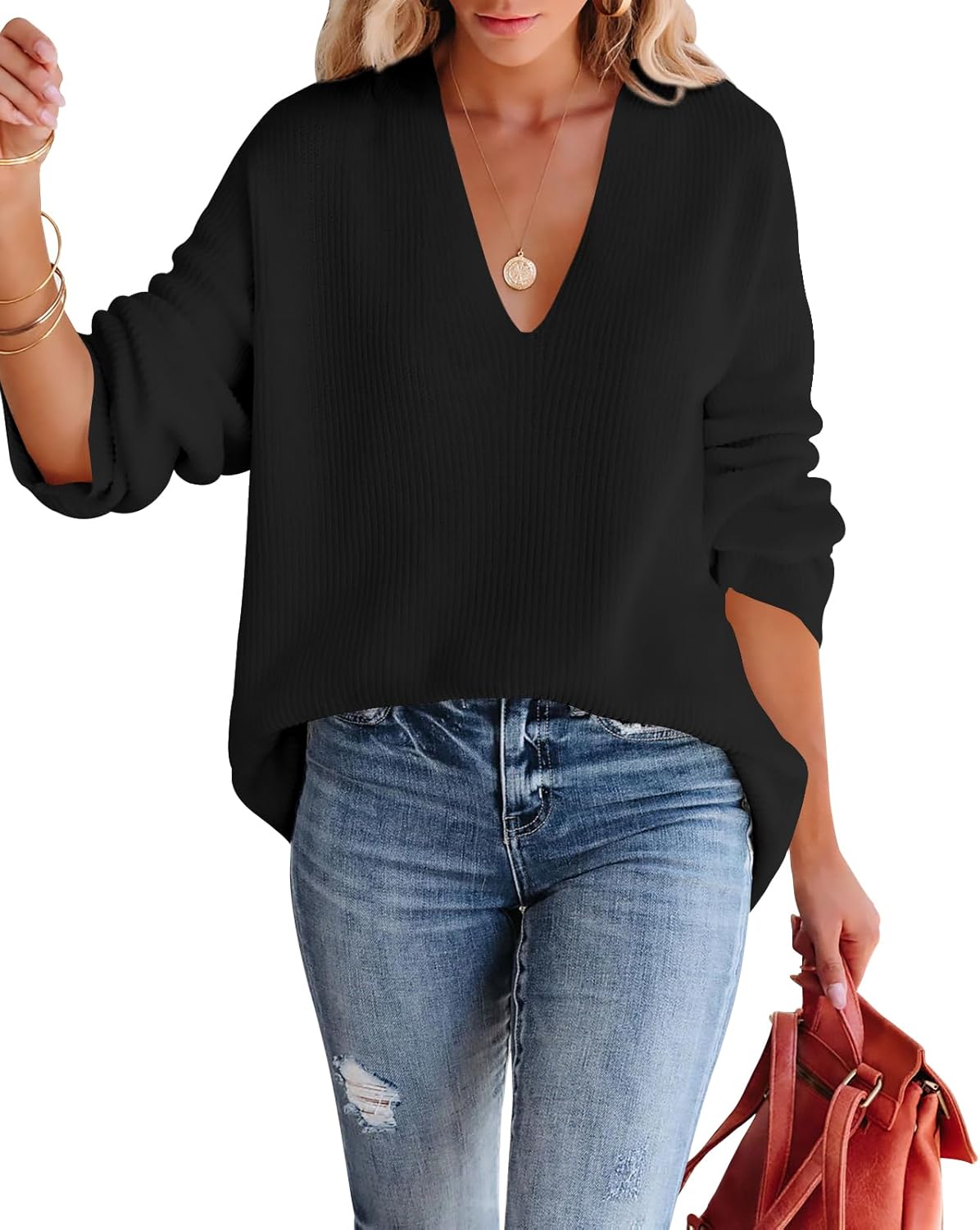 Imily Bela Womens Oversized Deep V Neck Sweater for Style