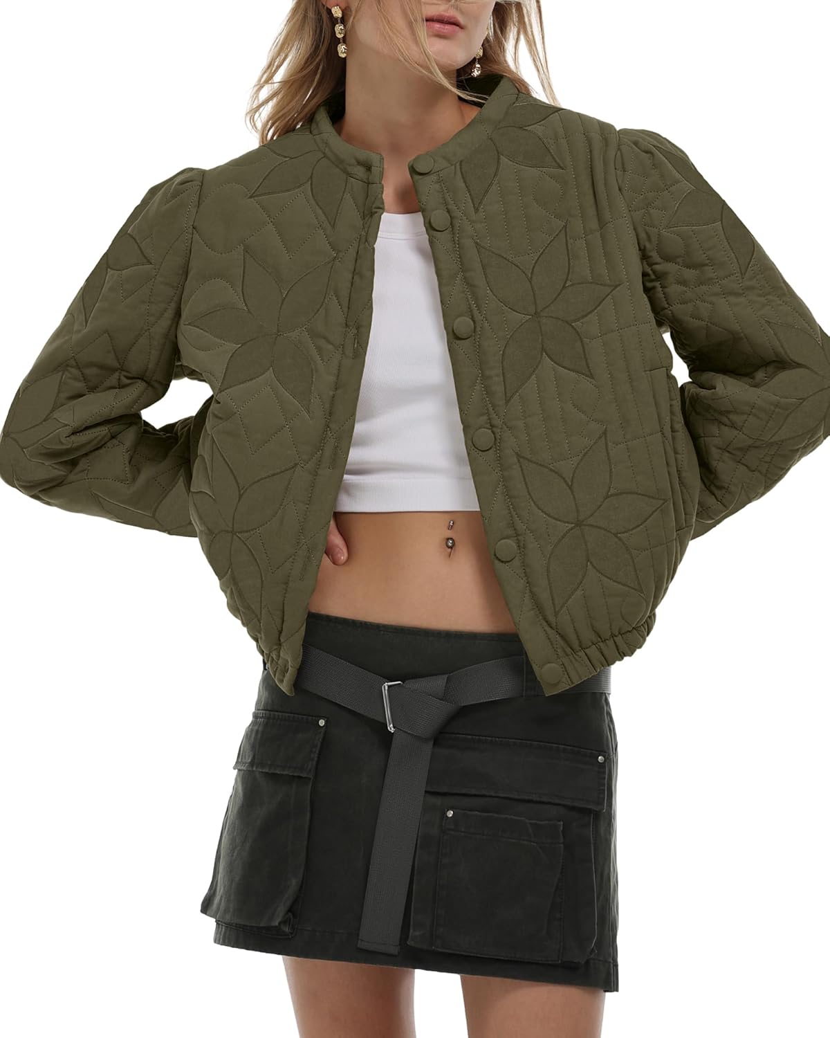 Gacaky Women's Floral Embroidered Cropped Quilted Jacket