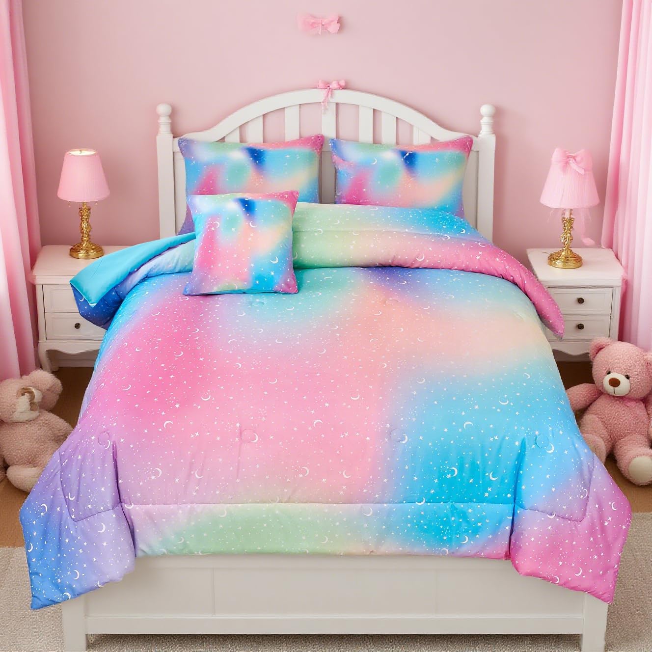 URBONUR Rainbow Comforter Set Queen for Girls - 6 Pieces Bed Set