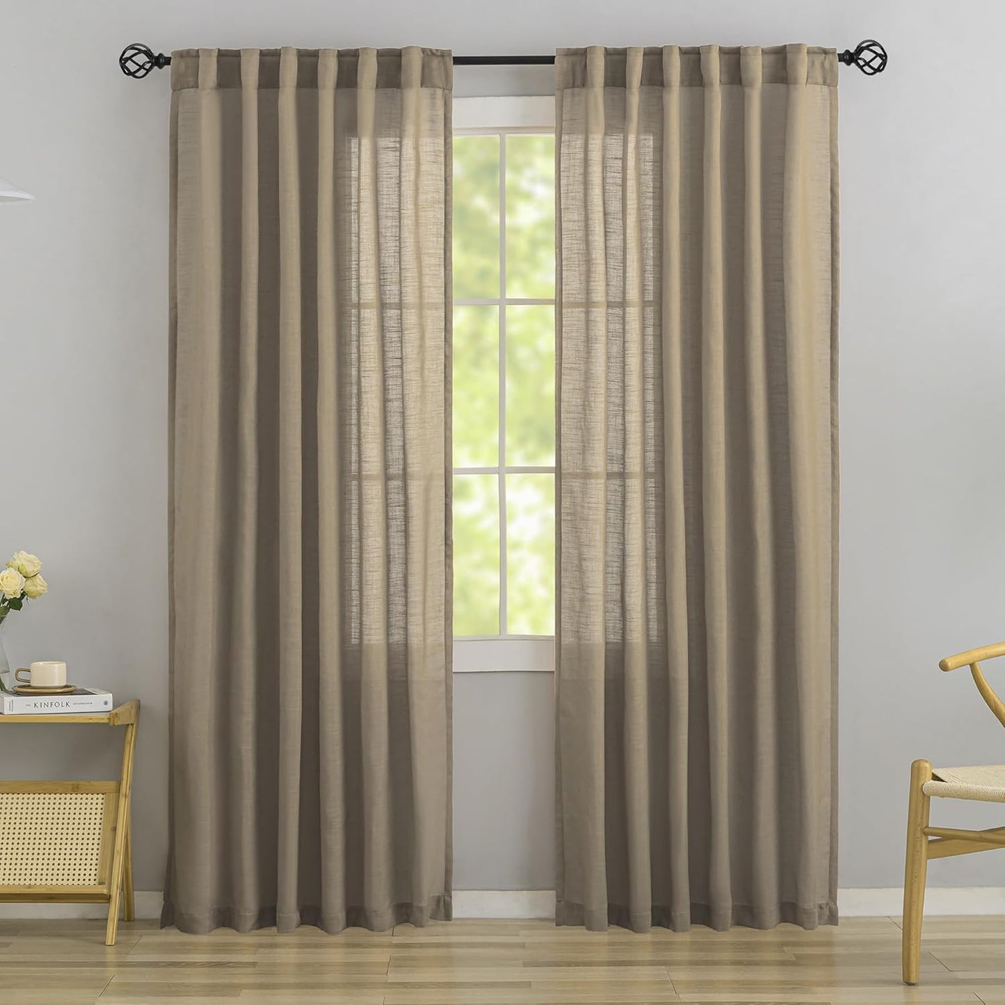 DONREN Taupe Burlap Linen Back Tab Curtains for Rustic Decor