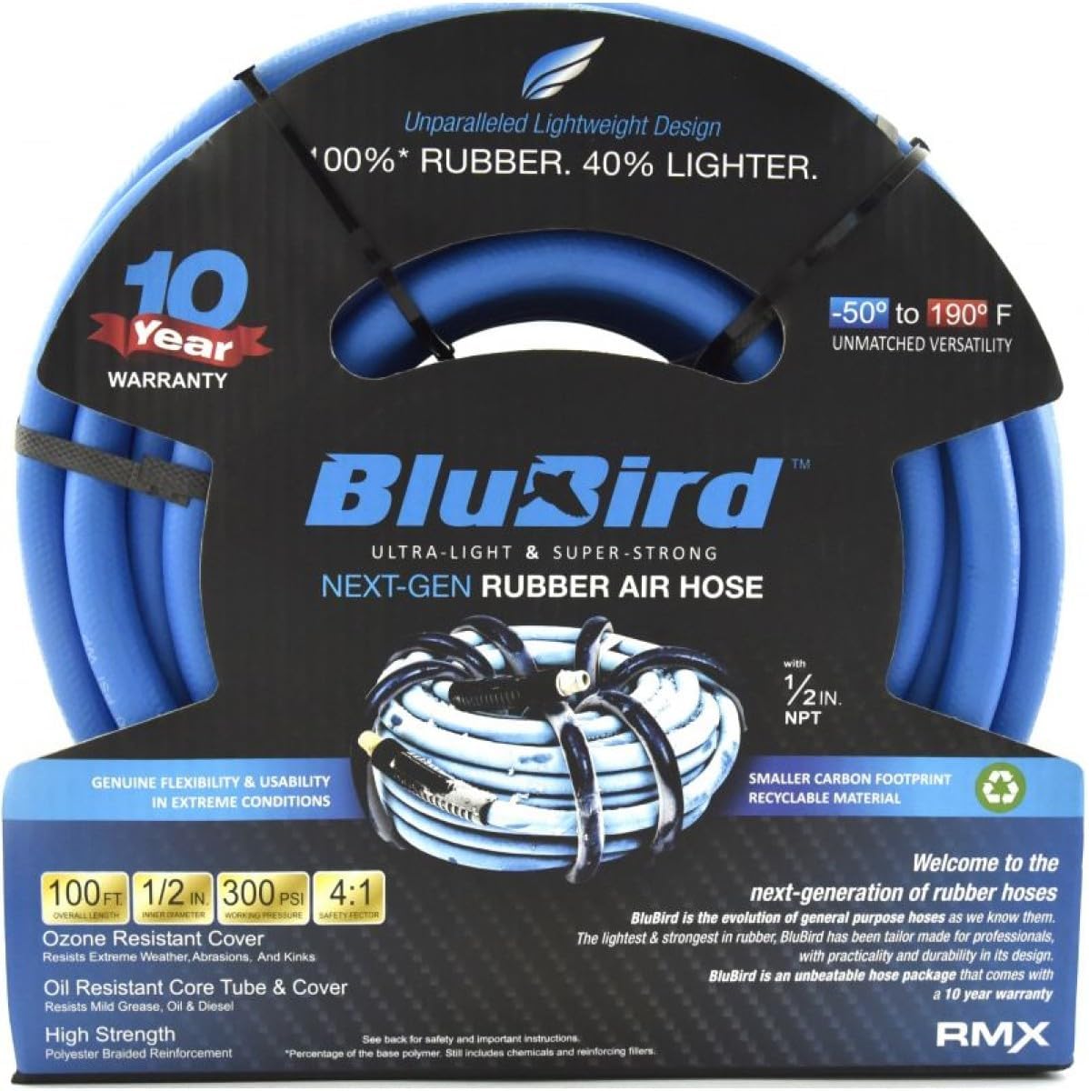 BLUBIRD 1/2in x 100ft Rubber Air Hose - Lightest and Strongest