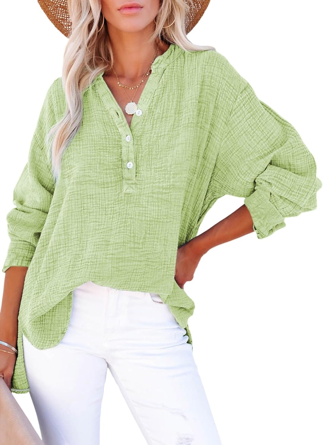 Dokotoo Womens Casual Button V Neck Long Sleeve Shirts Blouses