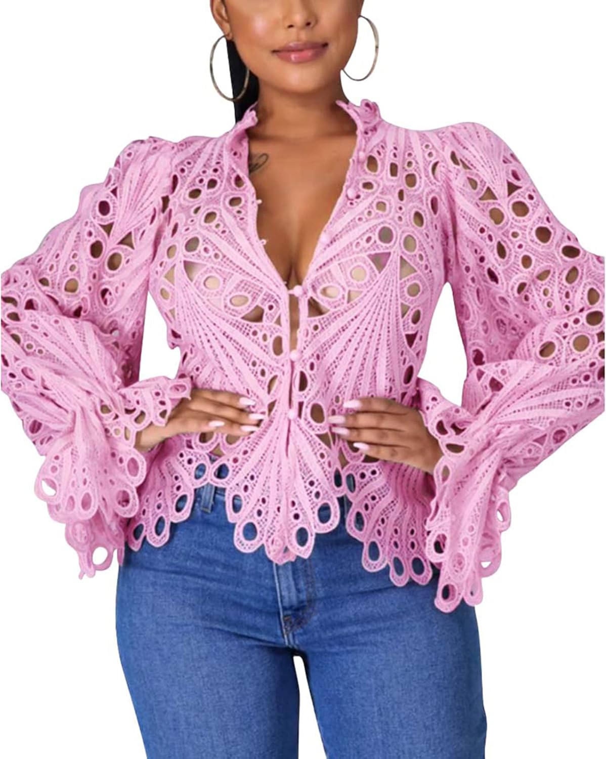 Doweha Womens Sexy Ruffle Long Sleeve Lace Tops for 2025