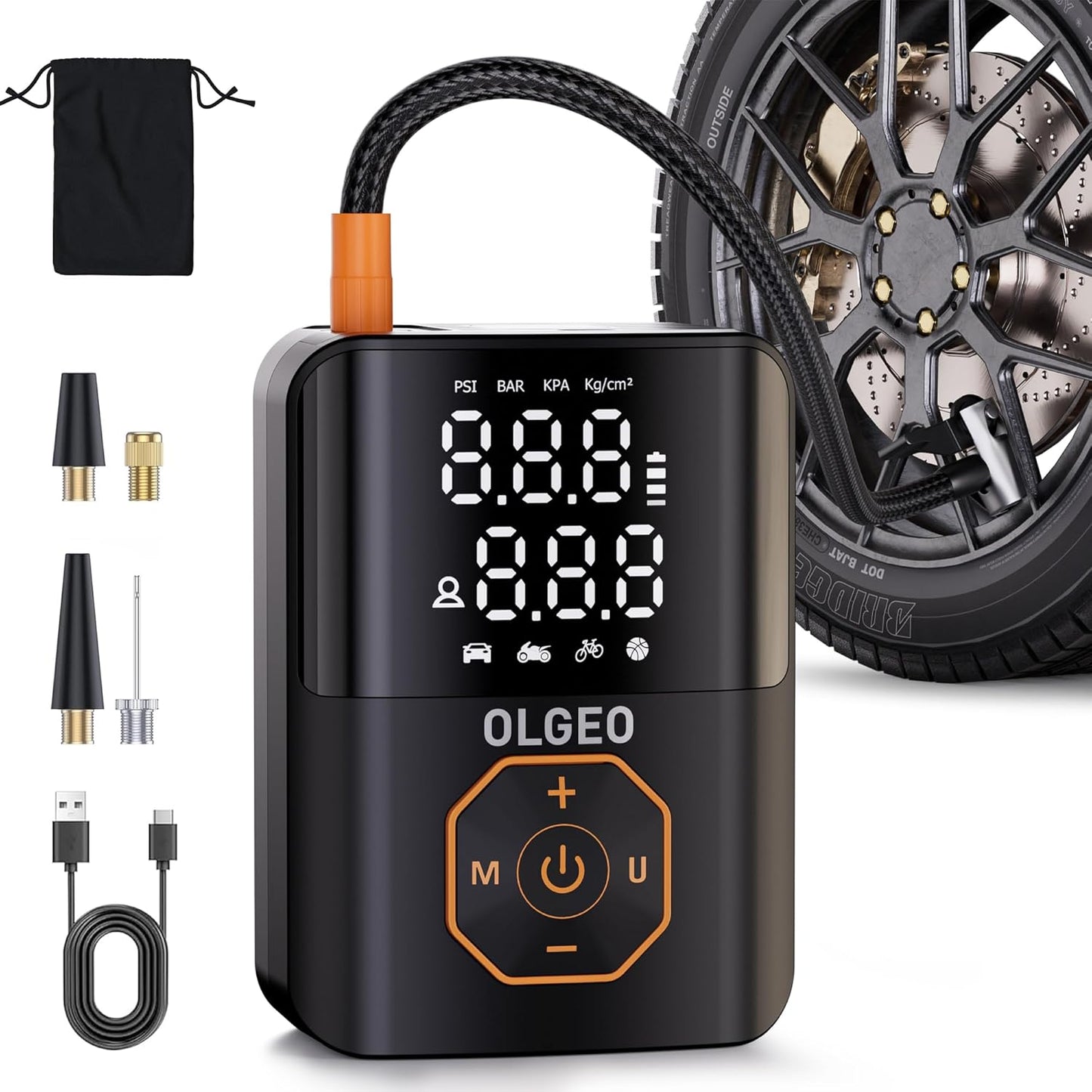 Olgeo 160PSI Portable Tire Inflator - Fast Pressure Detection