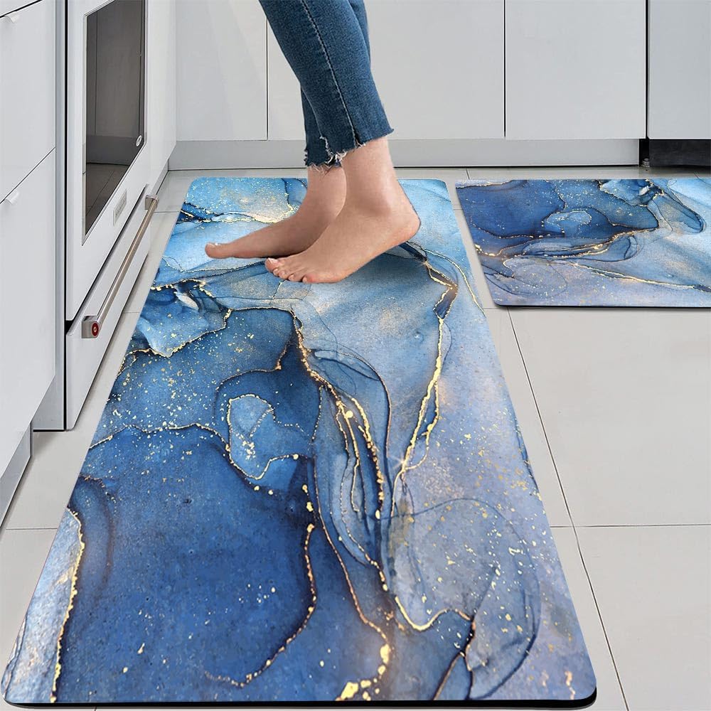 Blue and Gold Marble Kitchen Mats Set of 2 for Comfort and Style