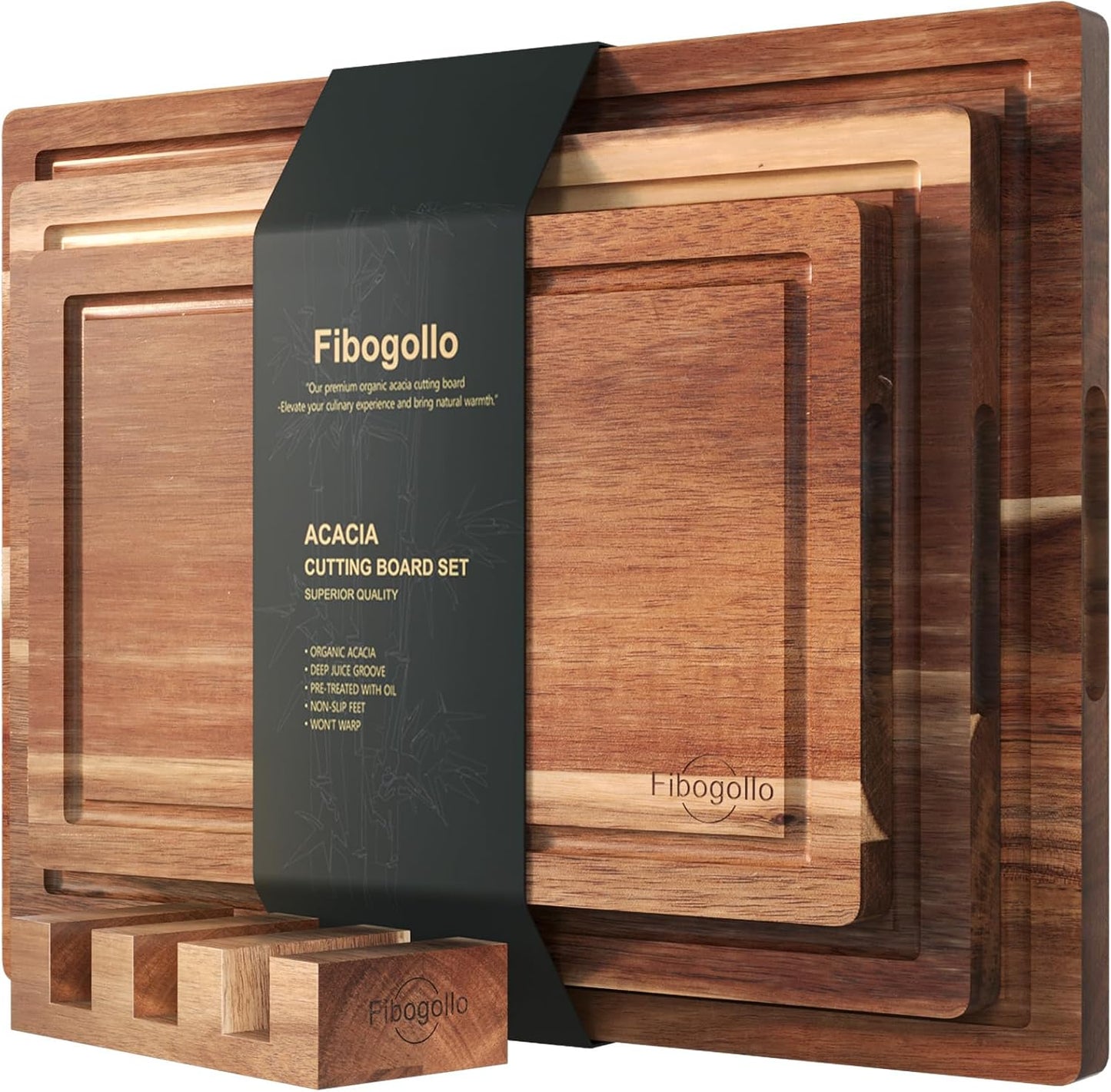 Acacia Wood Cutting Boards Set of 3 for Kitchen with Holder