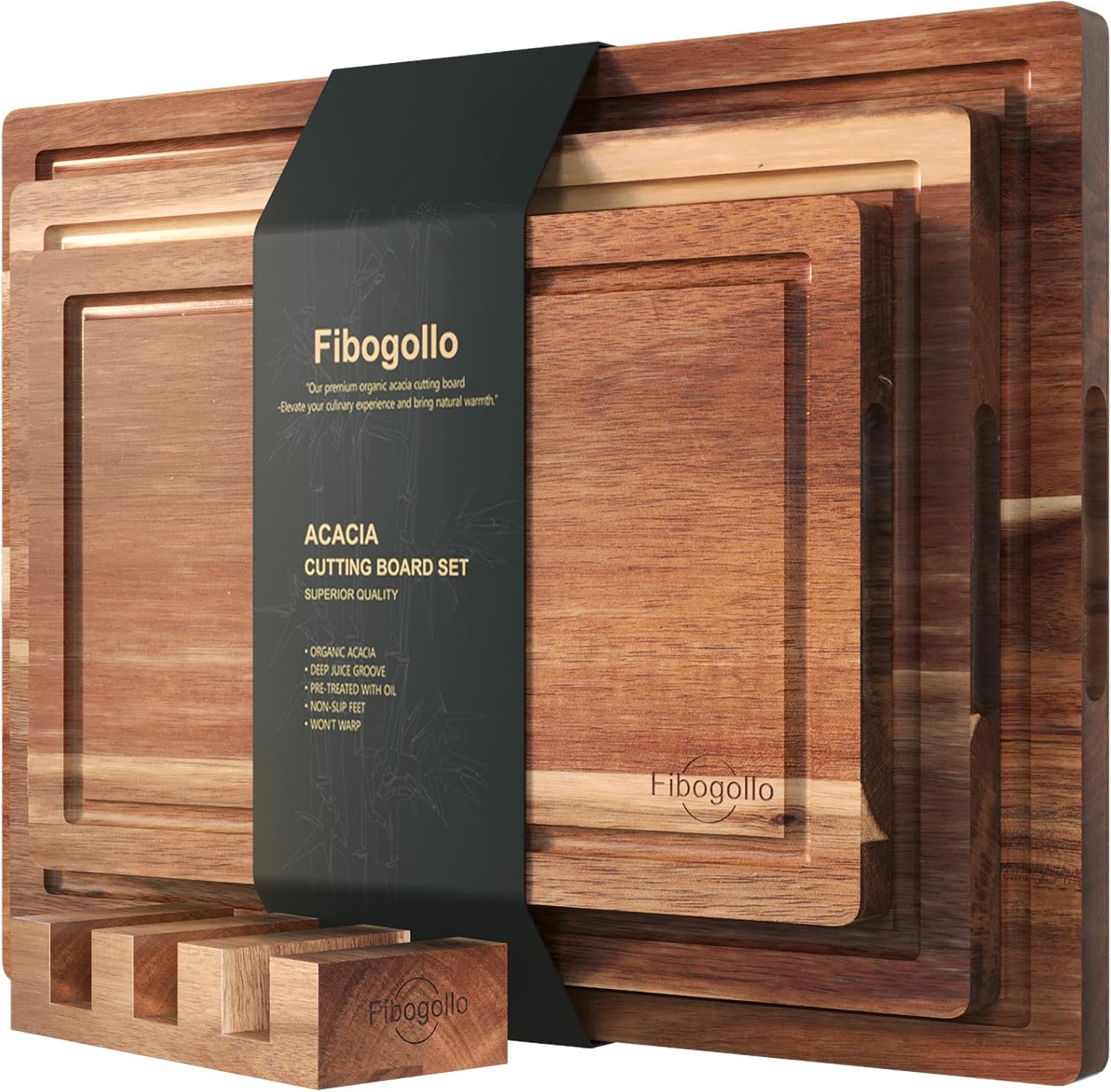 Acacia Wood Cutting Boards Set of 3 for Kitchen with Holder