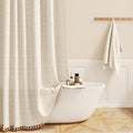 BTTN 84 in Wide Shower Curtain - Boho Farmhouse Tassel Linen Blend
