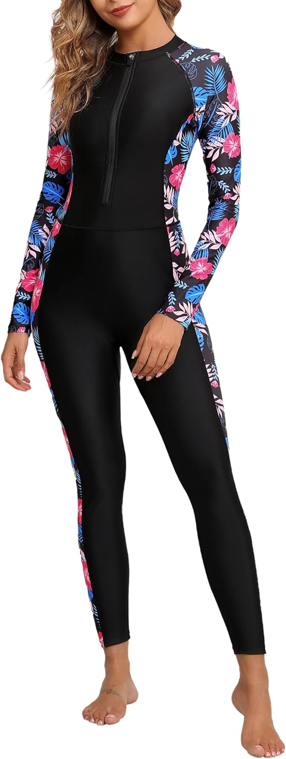 Womens Full Body Zip Front Rash Guard One Piece Bathing Suit