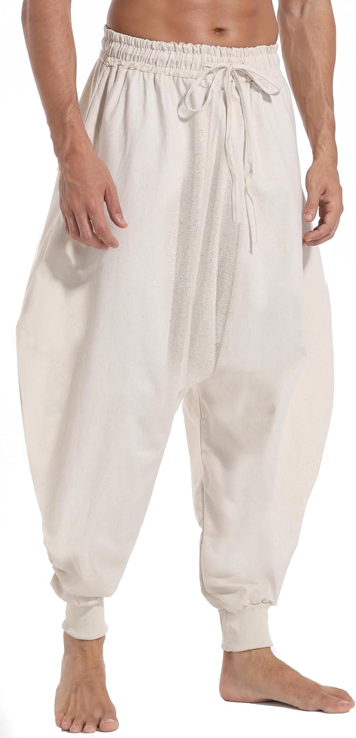 Men's Cotton Harem Pants Casual Loose Hippie Drop Crotch Trouser