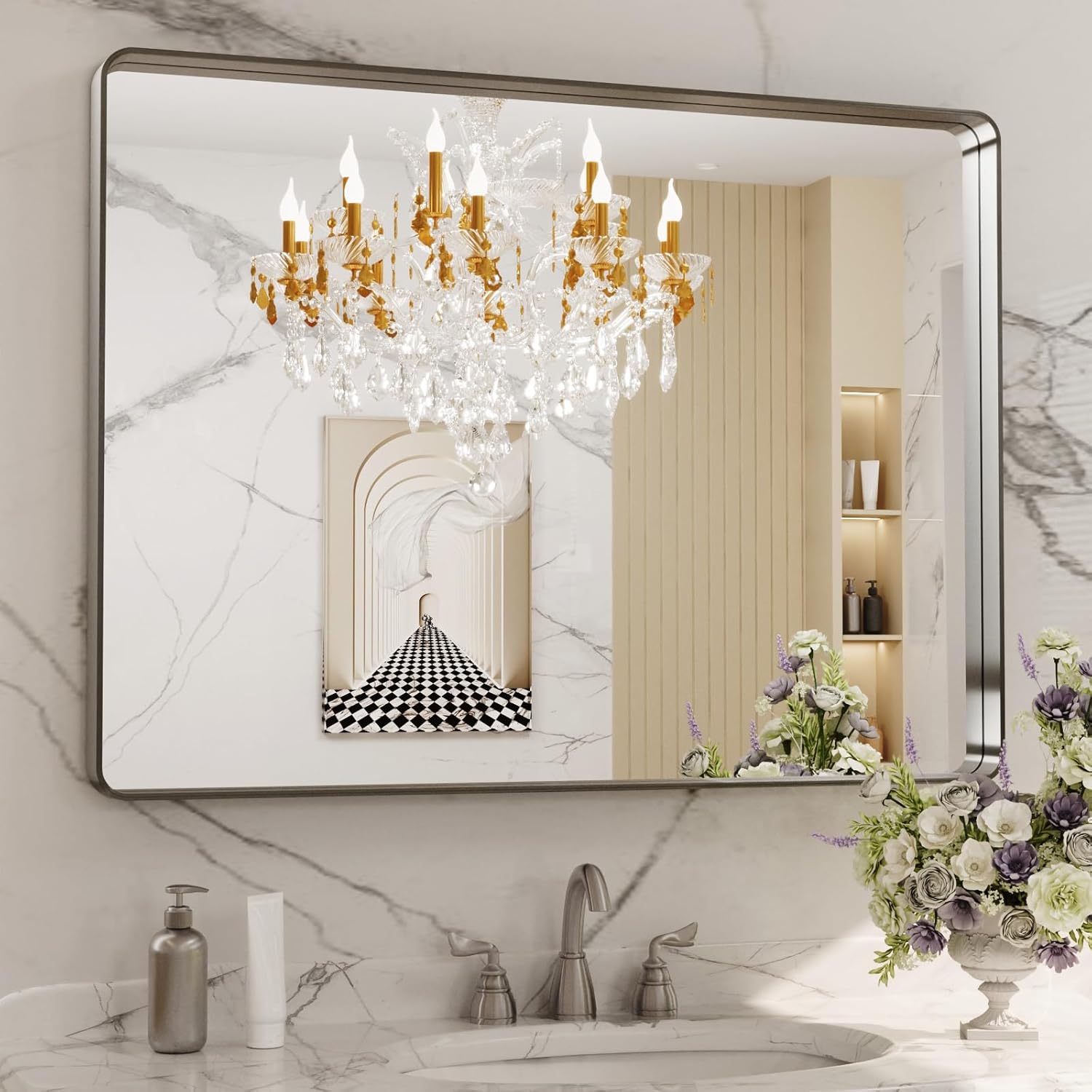 40X30 Inch Brushed Nickel Bathroom Mirror with Rounded Frame