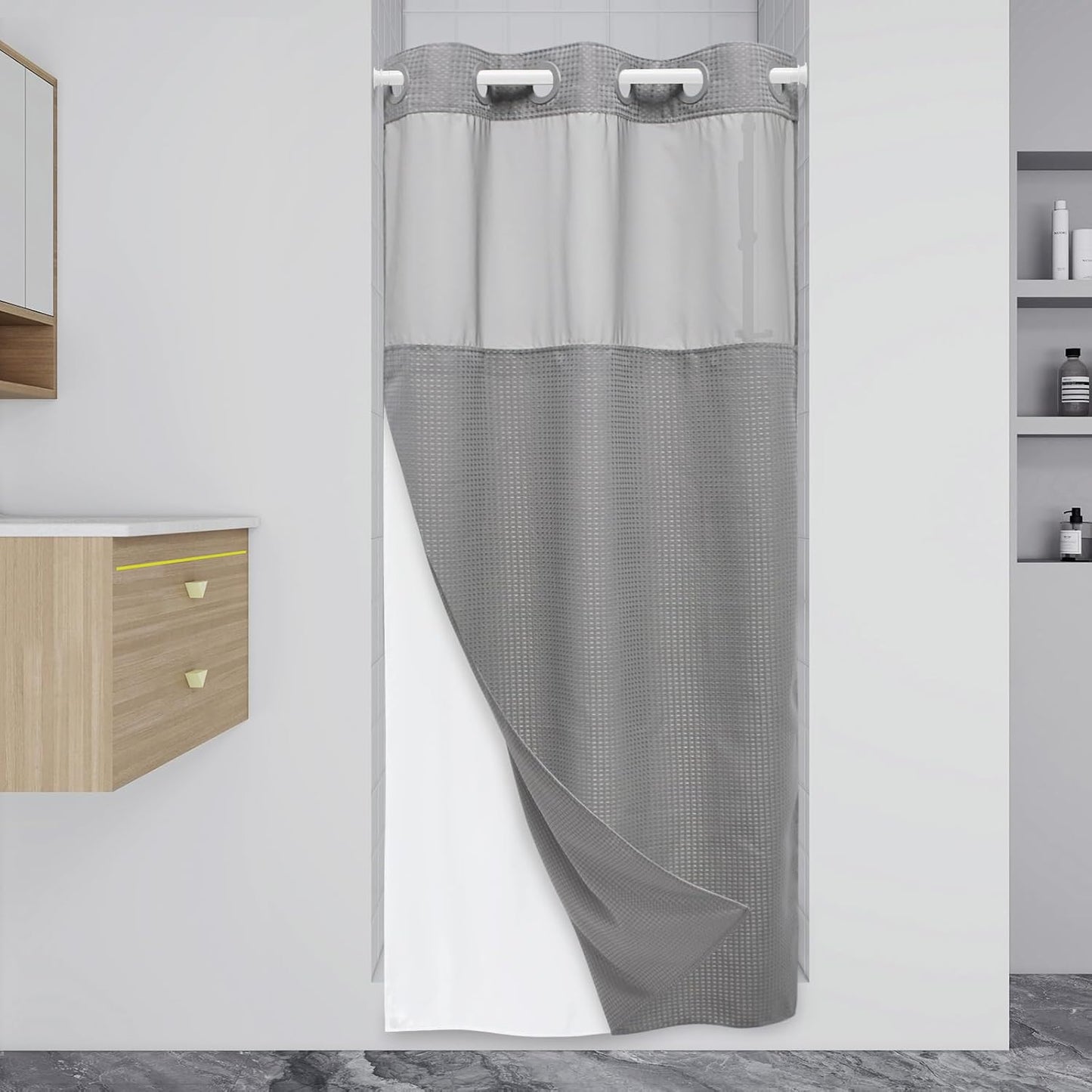 Stall No Hook Shower Curtain with Snap in Liner for Bathroom
