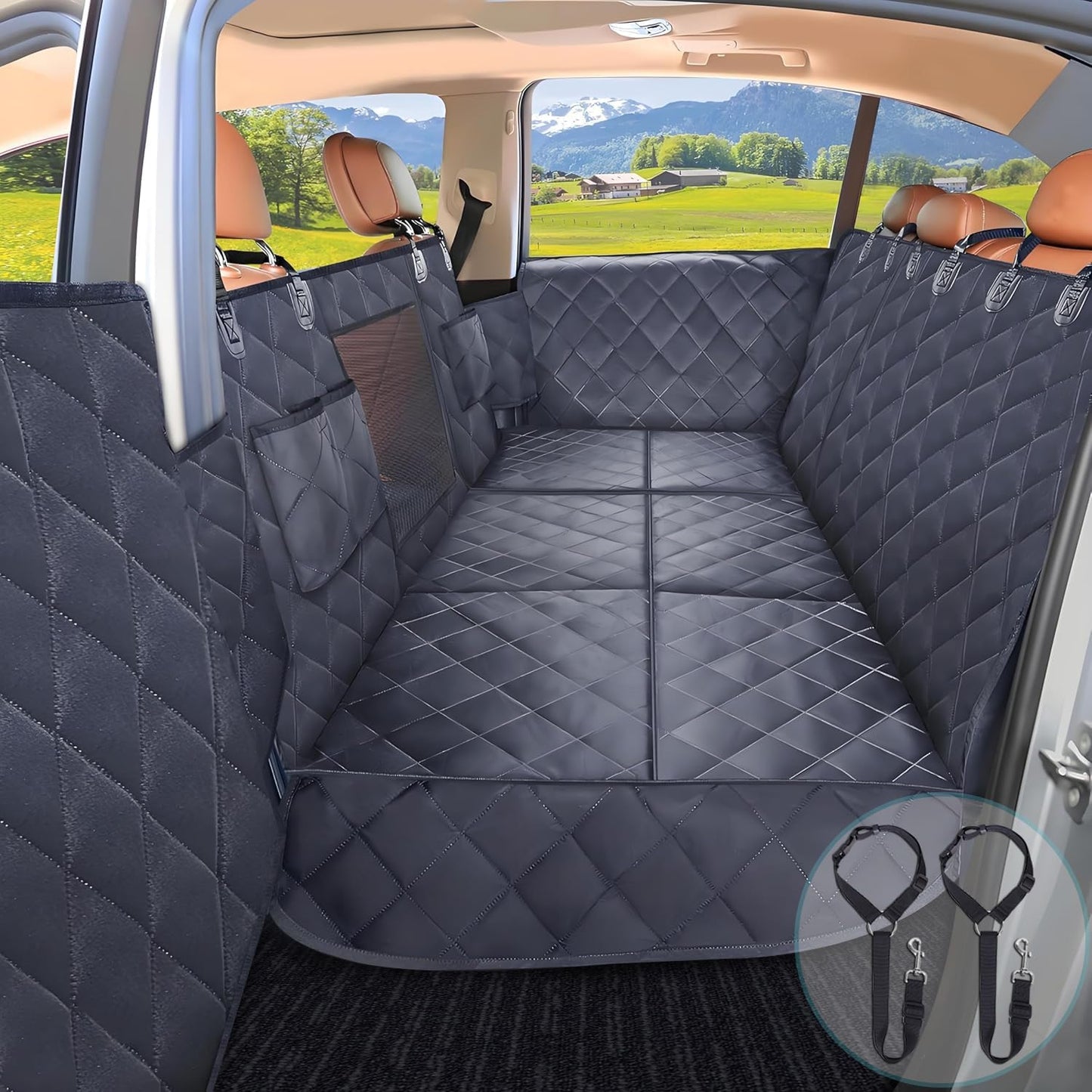 Back Seat Extender for Dogs with Seat Belts and Cover