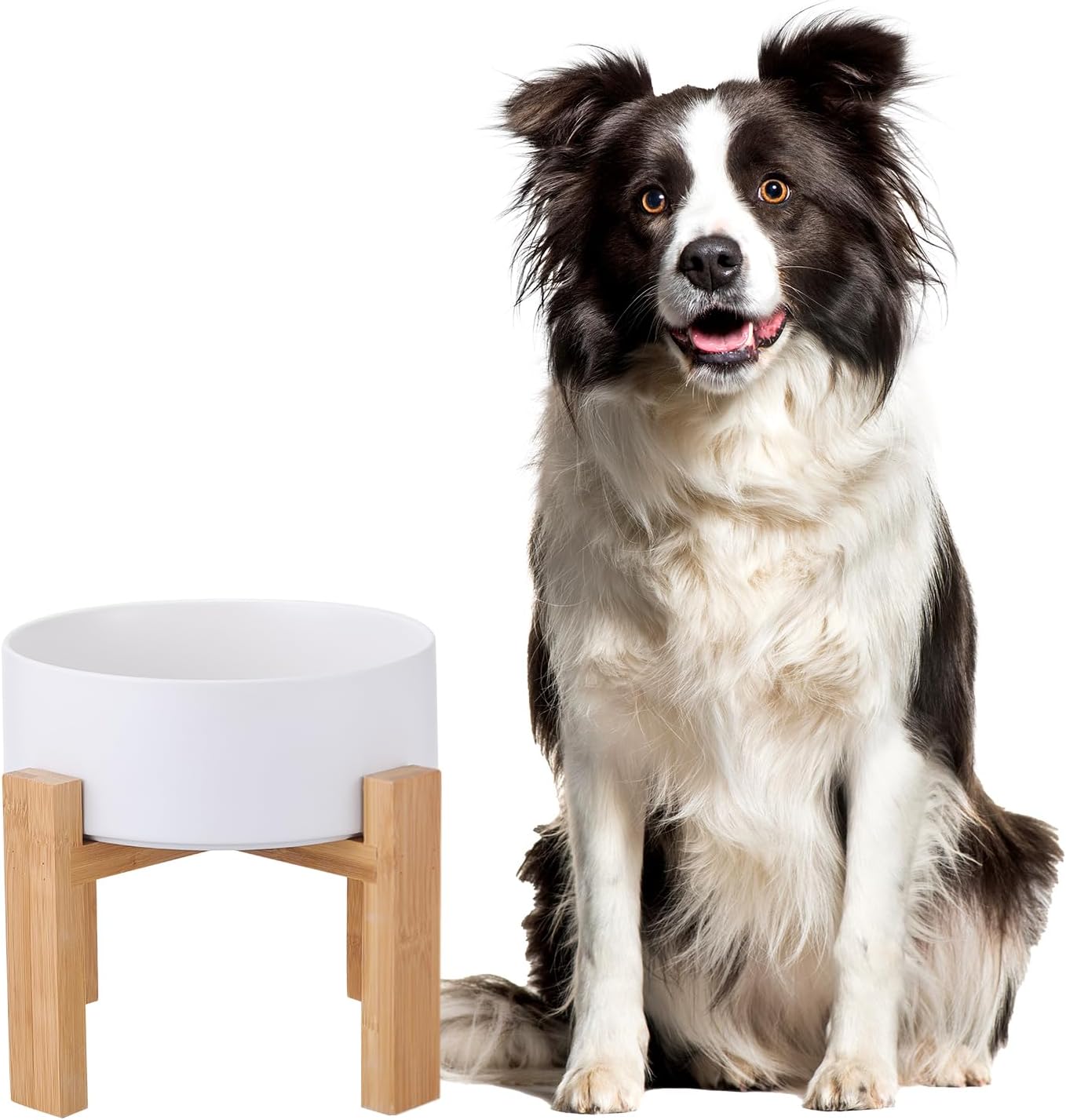Raised Ceramic Large Dog Bowl with Bamboo Stand for Comfort