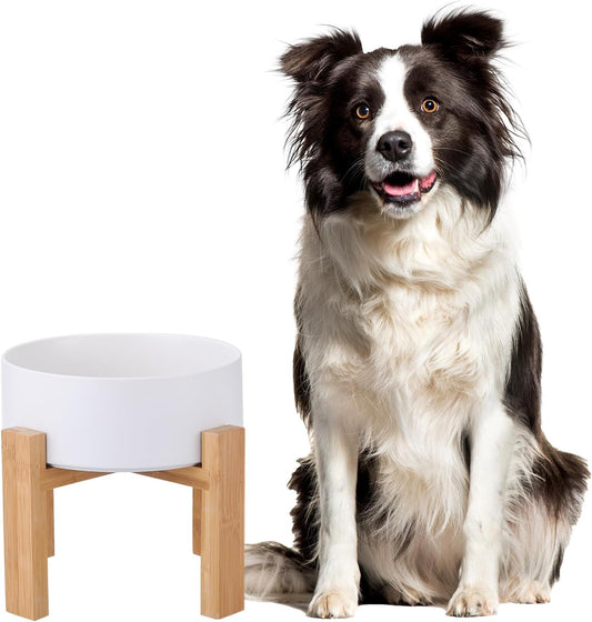 Raised Ceramic Large Dog Bowl with Bamboo Stand for Comfort