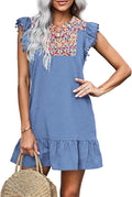 Women's Summer V Neck Floral Embroidered Ruffle Mini Dress - Flowy