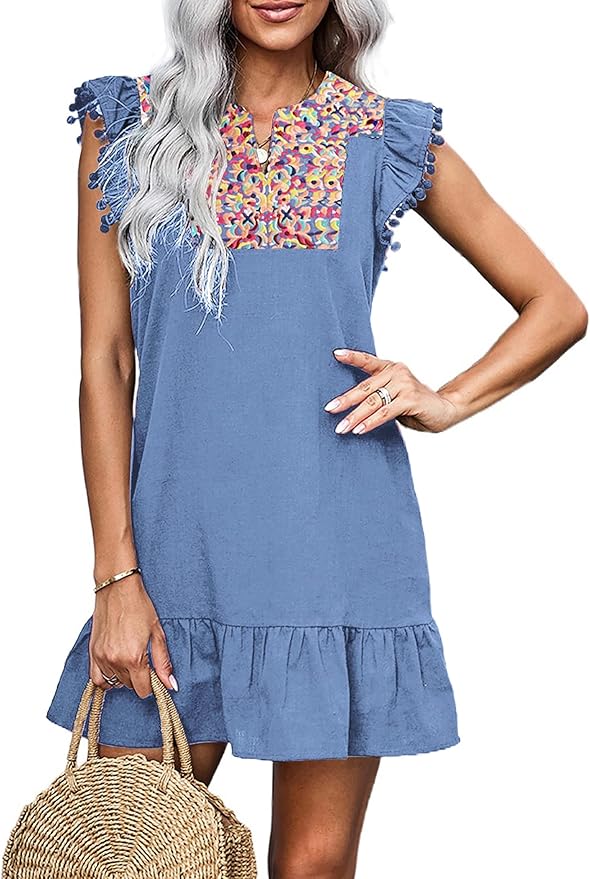KIRUNDO Women's Summer Mini Dress with Floral Embroidery and Ruffles