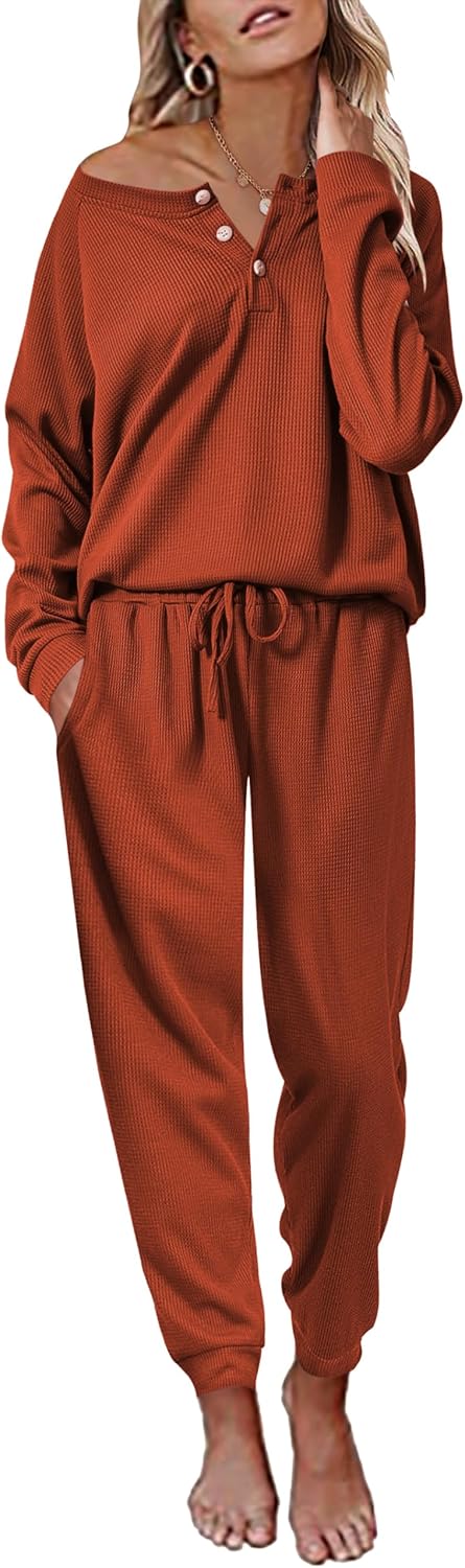 Ekouaer Pajamas Women's Waffle Knit Sleepwear Set for Comfort