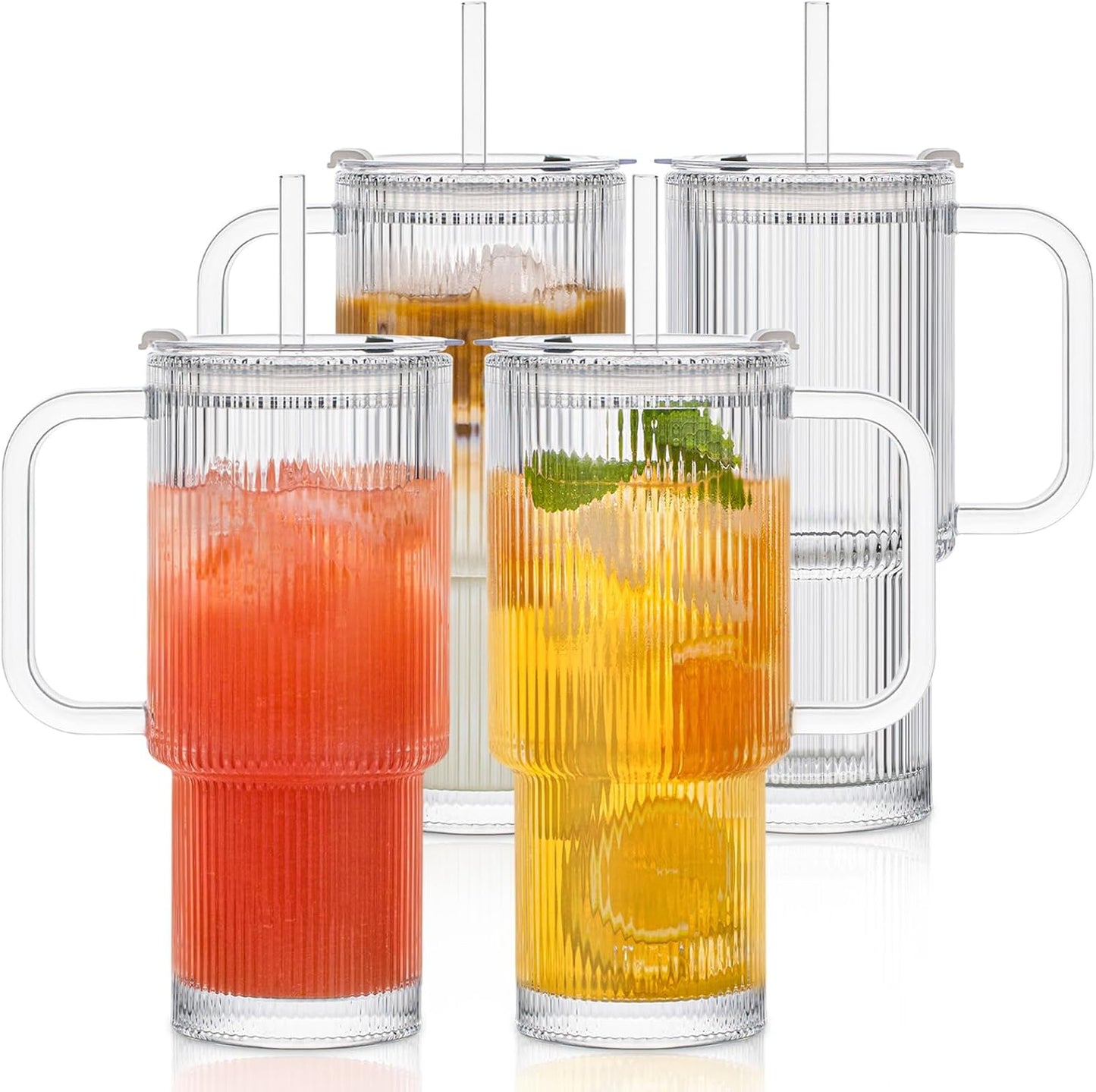 26oz Ribbed Glass Tumbler with Handle & Lid for Beverages