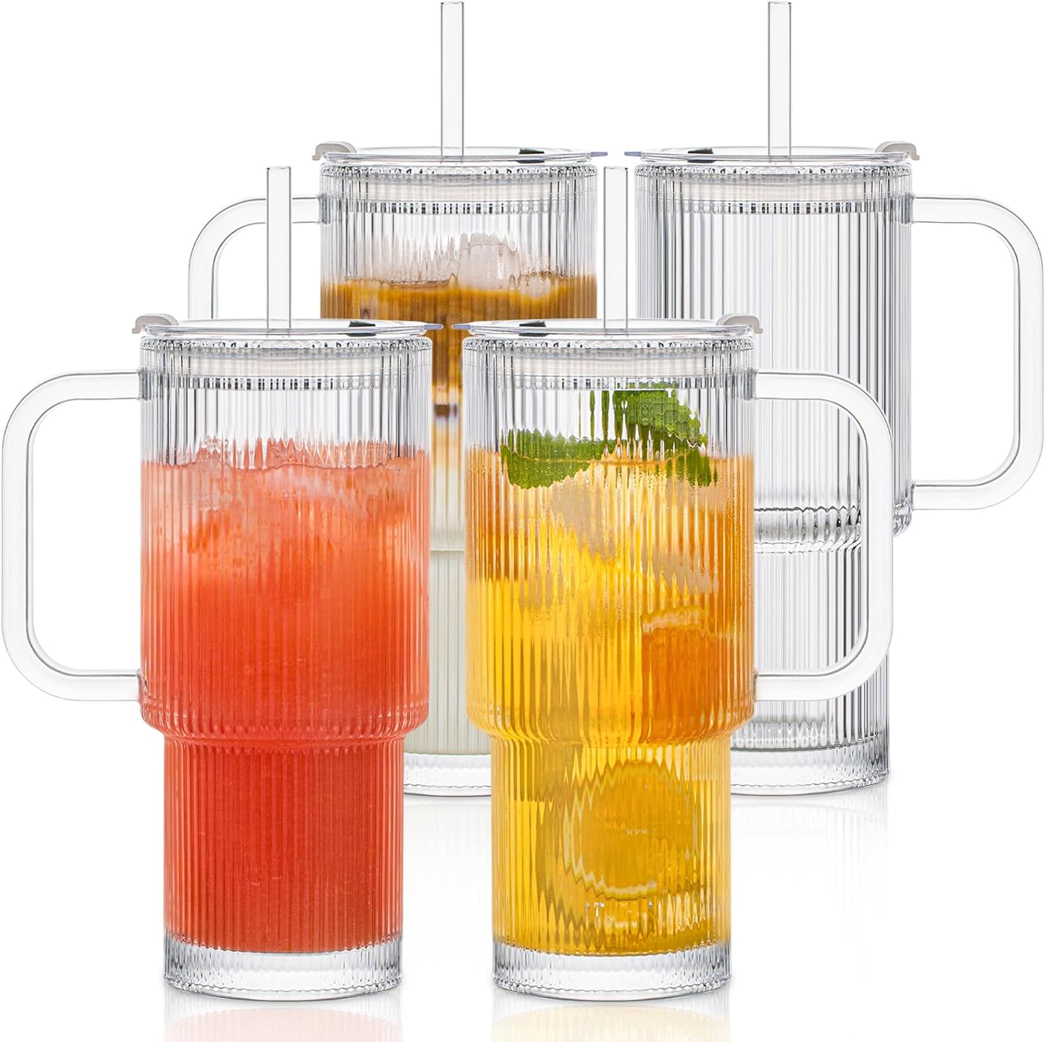 26oz Ribbed Glass Tumbler with Handle & Lid for Beverages