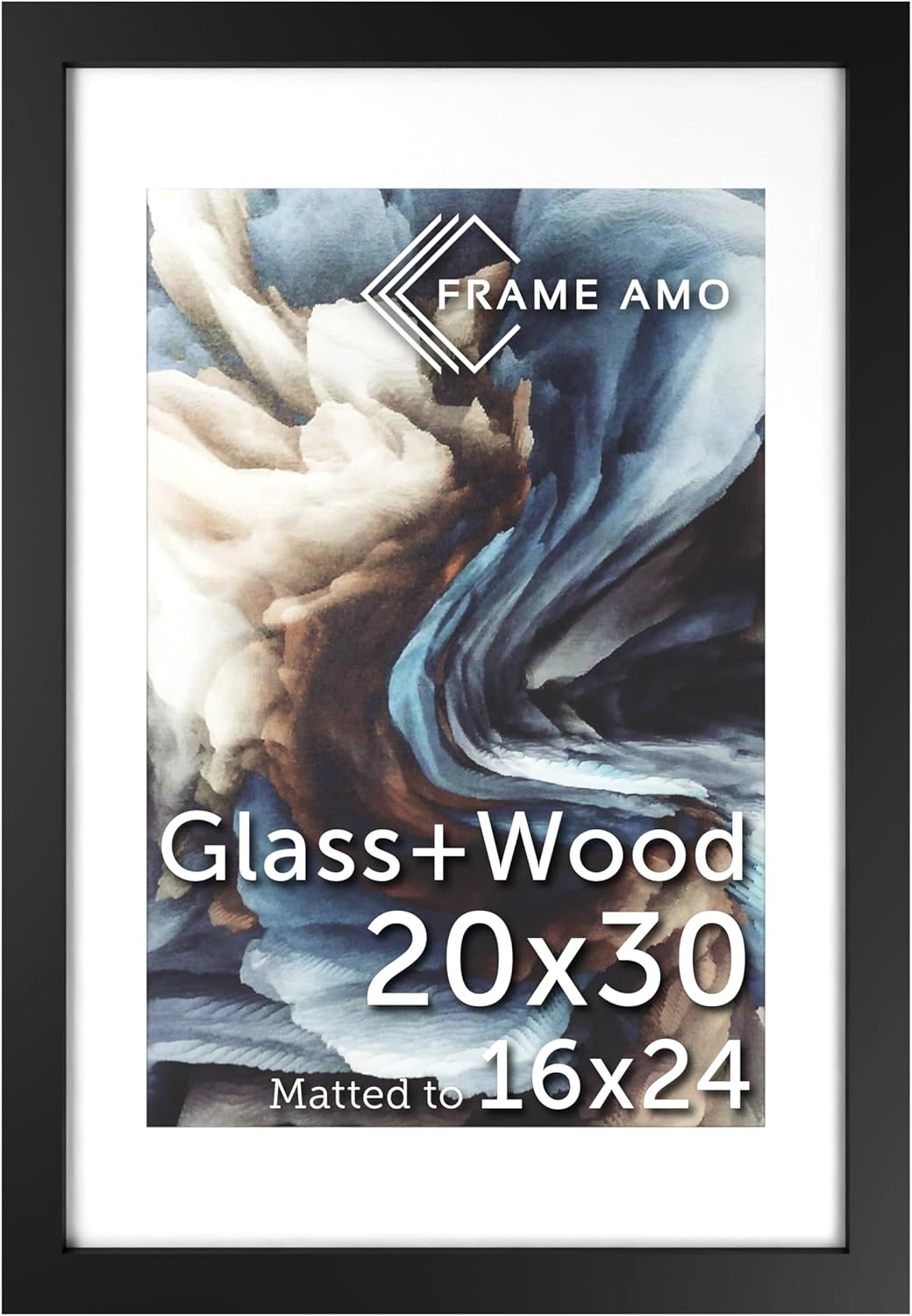 20x30 Black Solid Wood Poster Frame with White Mat for 16x24