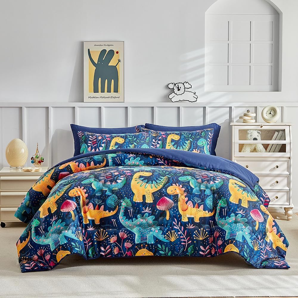 7 Piece Dinosaur Comforter Set for Boys with 3D Print Design