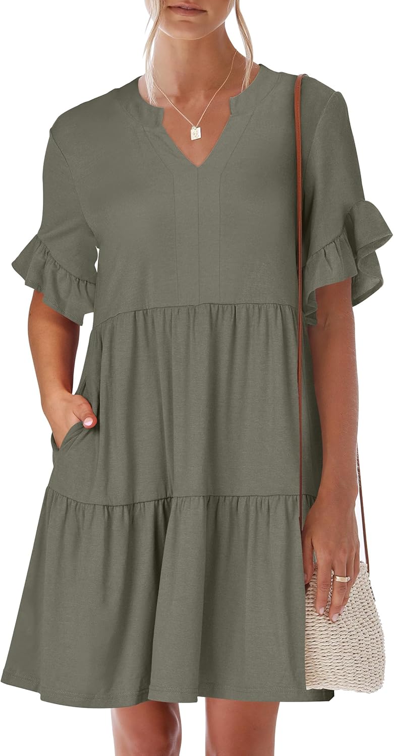 Trendy Ruffle Short Sleeve V Neck A Line Mini Beach Dress