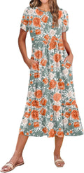 Women Summer Midi A Line Dress Short Sleeve - Tiered Sundress