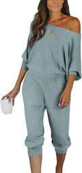 Two Piece Lounge Set Off Shoulder Top and Ribbed Pants - Cozy Fall
