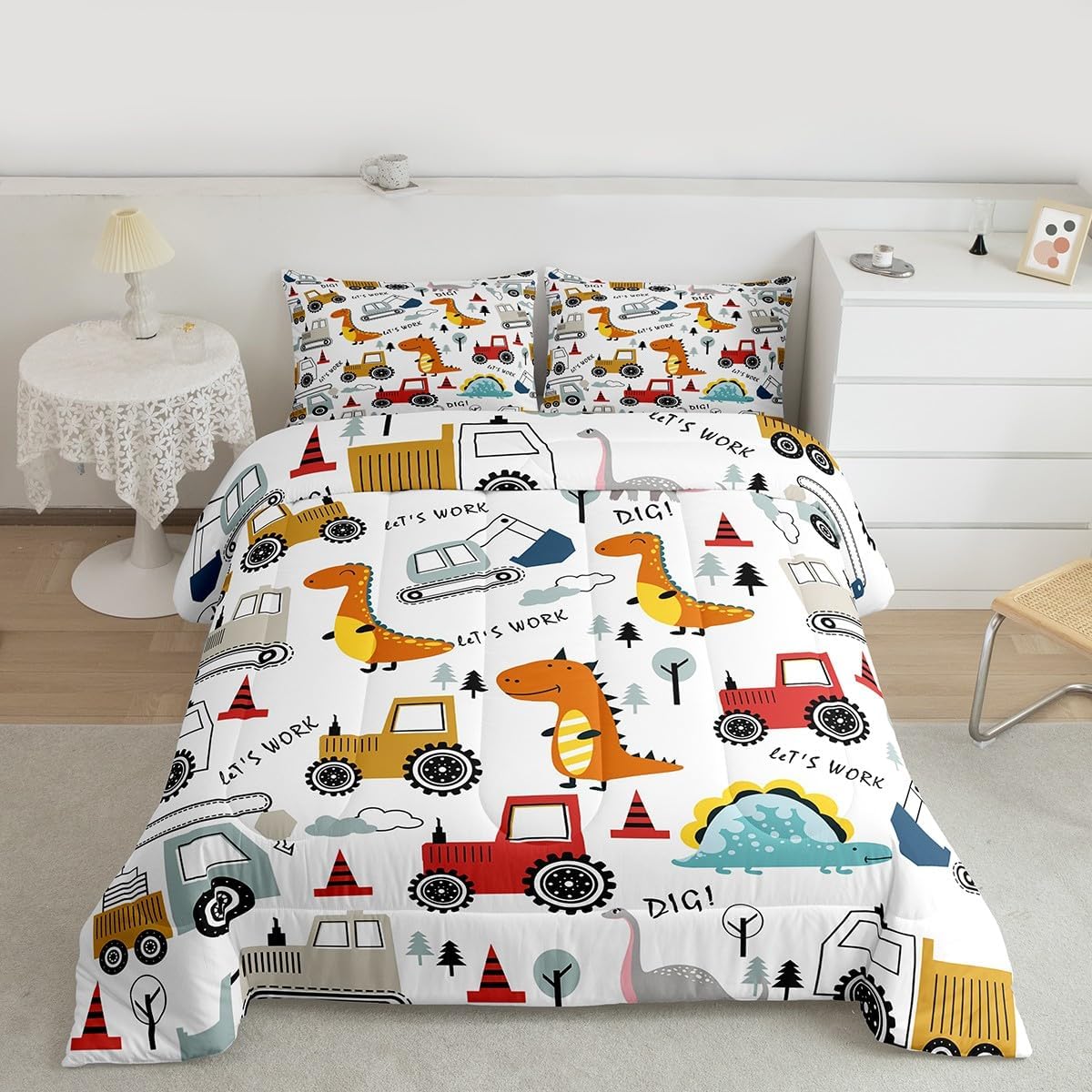 Dinosaur Comforter Set for Kids - Fun Construction Vehicles Bedding