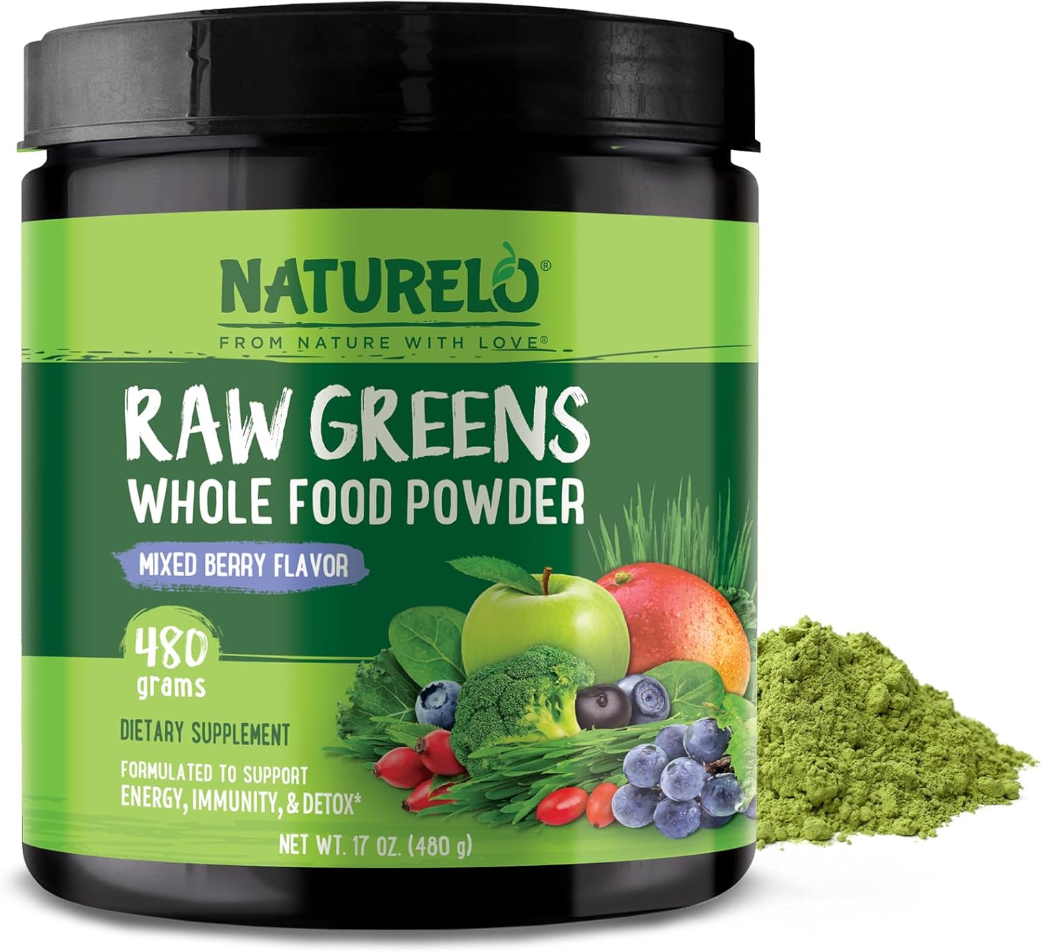 NATURELO Raw Greens Superfood Powder - Boost Energy & Detox